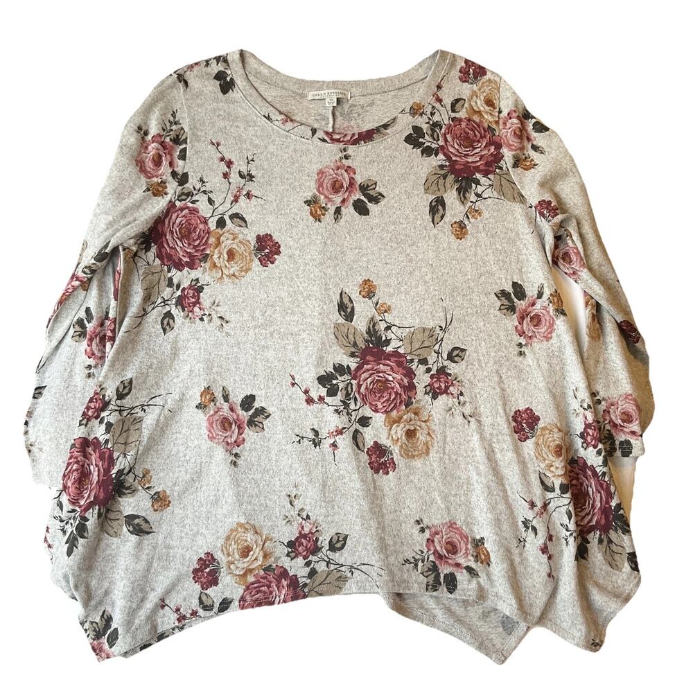 Green Envelope Women Blouse 2X Gray Floral Roses Scoop Neck Pullover Long Sleeve